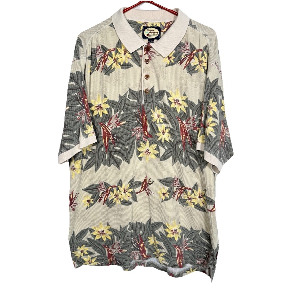 Vintage Tommy Bahama Hawaiian Polo Shirt XL Floral Tropical Island Resort‎ Beige - Picture 2 of 14